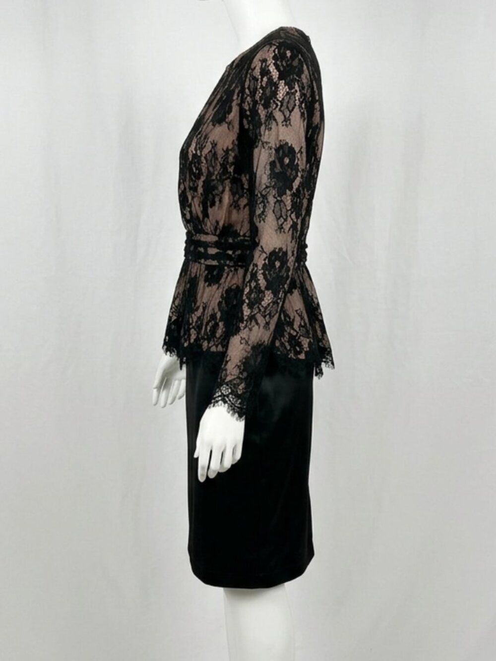 NWT Tadashi Shoji Vintage Black Lace Peplum Top & Leather Skirt Set Size 10 - Picture 2 of 16